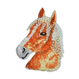 Detailed horse head embroidery patch with orange and beige stitching for DIY apparel