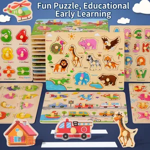 Wooden peg puzzle set for toddlers featuring animals and numbers on a blue background