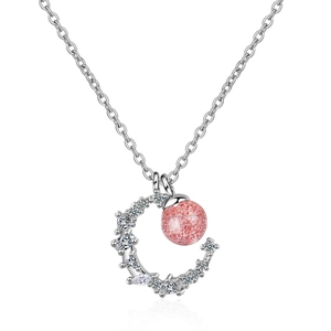 Moon Pendant Necklace Copper With Pink Strawberry Crystal And White Zircon Romantic Elegant Jewelry For Women