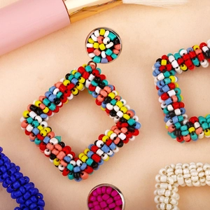 Handmade bohemian colorful geometric square beaded drop earrings for women with colorful beads
