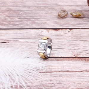 Titanium steel square ring for men with zircon inlay and golden side stripes on wood