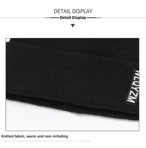 Detail showing the fine knitted texture and WLQYZM brand label on the black winter beanie