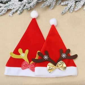 Red velvet Christmas hats with gold and khaki reindeer antlers for holiday party decor