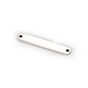 Close-up of polished stainless steel rectangular charm with dual holes on white background