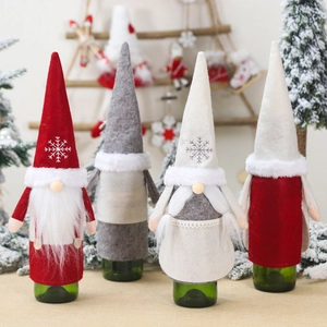 Christmas gnome wine bottle covers set with snowflake hats and white faux fur beards