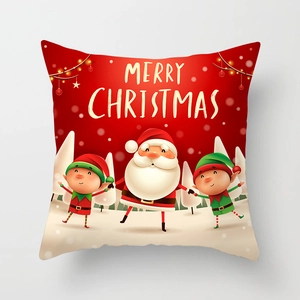Detail of Santa Claus and elves on red Merry Christmas cushion cover for festive home decor