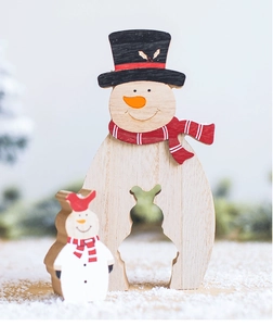 Detailed view of handcrafted wooden snowman ornament with hollow design and festive scarf
