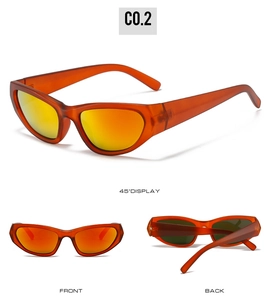 Drei Ansichten der orangefarbenen Sportsonnenbrille mit Front-, Rück- und Seitenperspektiven