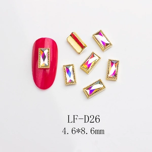 Macro detail of LF-D26 Aurora AB rectangular nail rhinestone with gold beaded edge