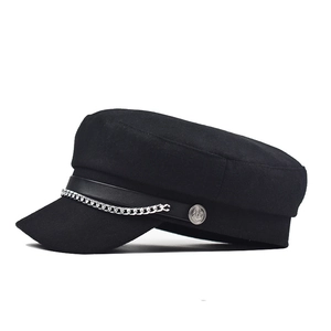 Classic black wool baker boy hat featuring a PU leather strap and silver metal chain detail