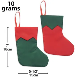 Detailed view of 7-inch Christmas elf stockings with size measurements in red and green