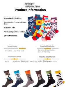 Detailed parameter chart showing breathable cotton crew socks with famous art prints