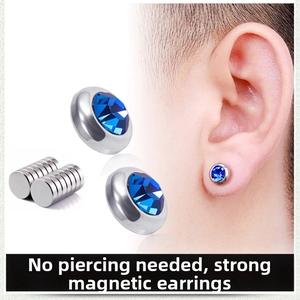 Blue crystal magnetic stud earring detail with model display on a clean white background