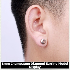 Close-up of a model wearing 8mm champagne cubic zirconia stud in stainless steel