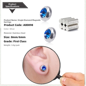Macro detail of blue crystal magnetic stud earrings in stainless steel with silver finish