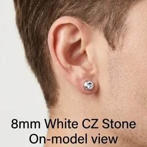 8mm white zircon magnetic stud earring in stainless steel for men shown on ear