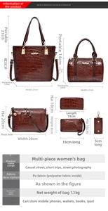 Detail view of 6-piece dark brown faux crocodile leather bag set with dimensions