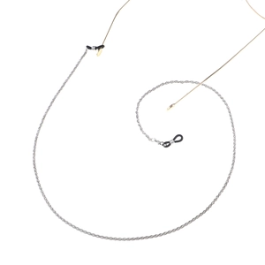 Detail of silver twisted metal eyeglass chain with black anti-slip rubber loops