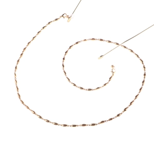 Minimalist gold metal glasses chain featuring elegant oval beads on a white background