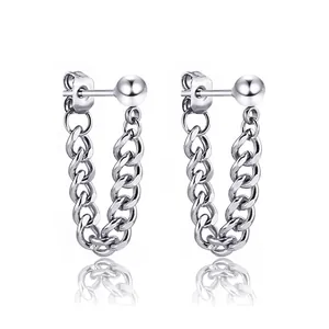 Minimalist silver stainless steel stud earrings featuring ball studs and U-shaped curb chains