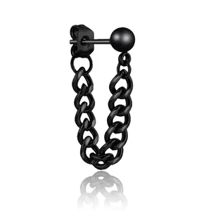 Punk style black stainless steel bead earrings with hanging cuban chain detail
