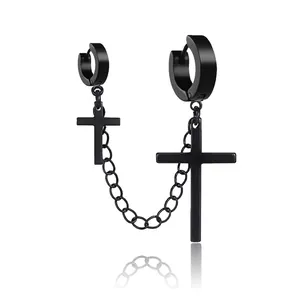 Stainless Steel Cross Chain Hoop Earrings For Men Women Punk Gothic Dangle Drop Earrings Jewelry Gift Black Silver Color