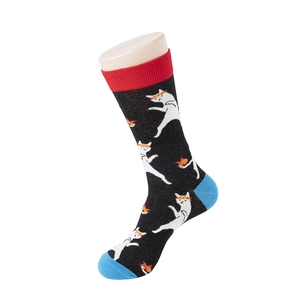 Detail of combed cotton crew socks featuring white cartoon kung fu cat pattern