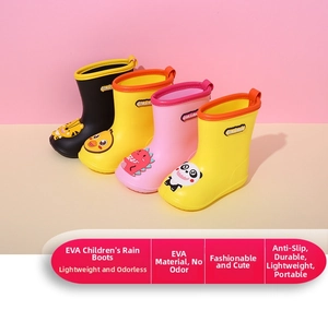 Detail of colorful EVA kids rain boots with cute cartoon patterns and anti-slip soles