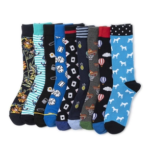 Set of 9 colorful cotton crew socks featuring diverse fruit and animal pattern prints