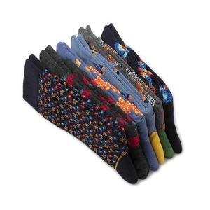 Detail showing various patterned cotton mid-tube socks with stripes and animal motifs