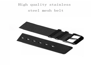 Detail of high quality black stainless steel mesh watch band with secure buckle clasp