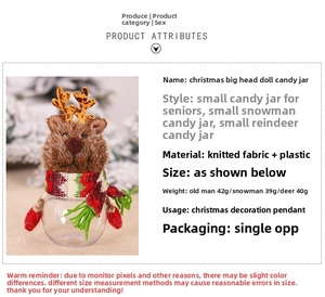 Detail of Christmas reindeer candy jar with knitted scarf and clear plastic storage bowl