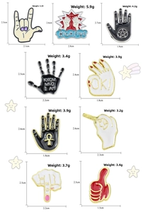 Detailed size and weight guide for nine cartoon gesture enamel lapel pins and badges
