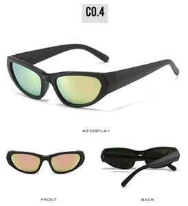 Dreifachansicht der Sport-Sonnenbrille mit farbig verspiegelten Gläsern und schwarzem Rahmen