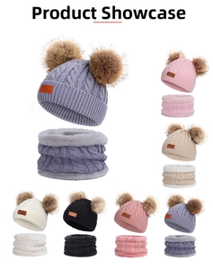 Kinder Winter Mütze Schal Set Doppel Bommel Warme Strick Mütze Dicke Nackenwärmer