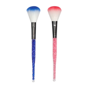 Dual makeup brushes with crystal diamond handles and blue pink gradient soft bristles