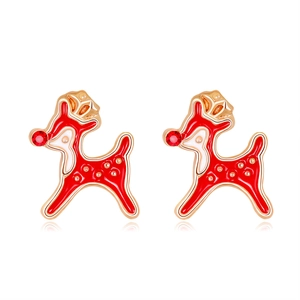 Detailed view of Christmas reindeer stud earrings with red enamel and ruby gemstone accents