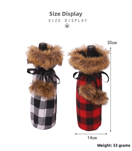 Size display of plaid Christmas wine bottle covers with faux fur trim and bow tie