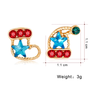 Detail view of gold Christmas boot earrings with colorful rhinestones and size dimensions