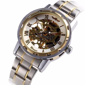 Montre mécanique squelette Winner pour hommes avec bracelet bicolore et cadran argenté