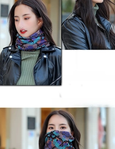 Detail of multi-functional floral neck gaiter with elastic seamless geometric pattern
