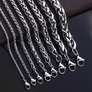 Various sizes of polished stainless steel wheat chains with lobster clasps for jewelry