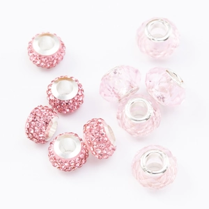 DIY charm bracelet set with pink crystal beads and sparkling rhinestone silver cores