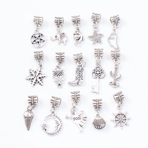 Set of 15 antique silver charms including star, owl and shell for DIY bracelet making