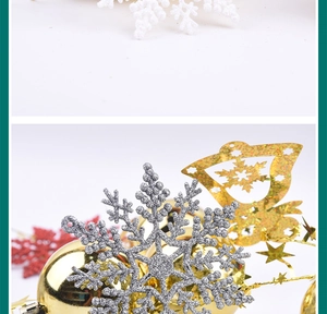 Macro detail of glitter-coated gold and silver plastic snowflake ornaments for Christmas decor
