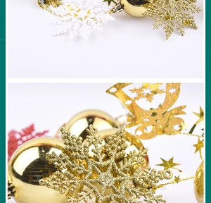 Detailed view of glittering gold and white plastic snowflake ornaments with shiny baubles