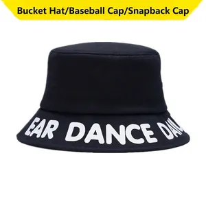 Classic black cotton bucket hat with white Ear Dance embroidery for sun protection