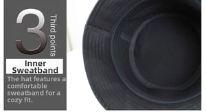 Detail view of cotton bucket hat inner sweatband with reinforced stitching for comfort