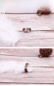 Detail of stainless steel ring with walnut wood inlay and sun compass metal ornament