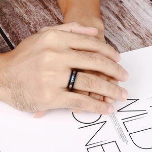 Men's two-tone blue and silver stainless steel ring with three inlaid diamonds
